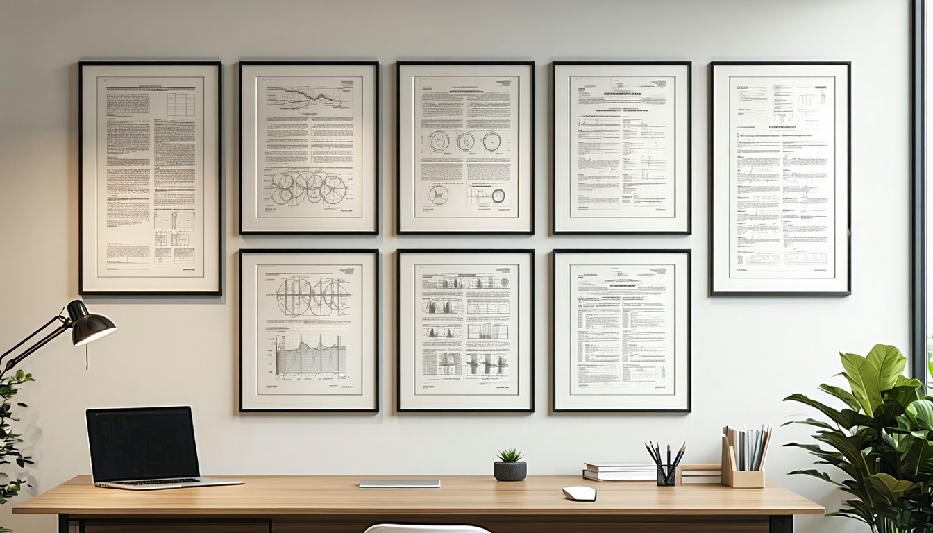 make a 2048 x 1024 sized image that shows several patent forms framed on a wall in an office-2